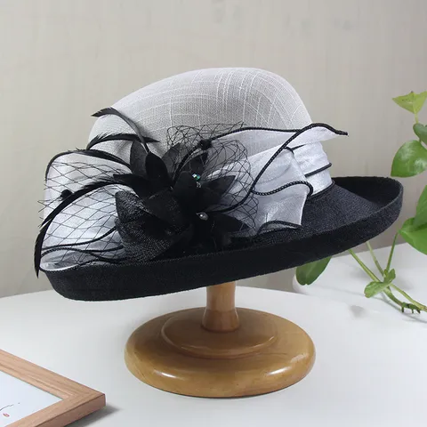 Chapeau de Cérémonie Femme Été Lin Rétro Hepburn Élégant Chapeau Fedora Floral Bord Roulé pour Banquet Mariage Accessoire
