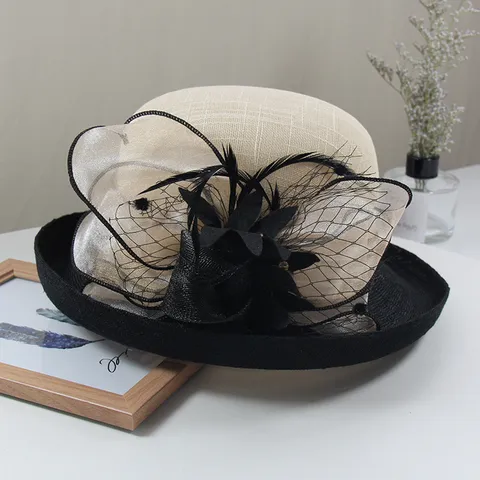 Chapeau de Cérémonie Femme Été Lin Rétro Hepburn Élégant Chapeau Fedora Floral Bord Roulé pour Banquet Mariage Accessoire