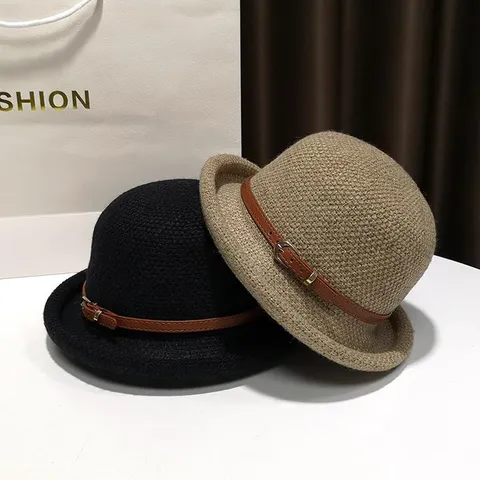 Elegant Wool Blend Bucket Hat With Belt Buckle Decor Solid Color French Style Fedora Vintage Dome Winter Sun Hat For Women