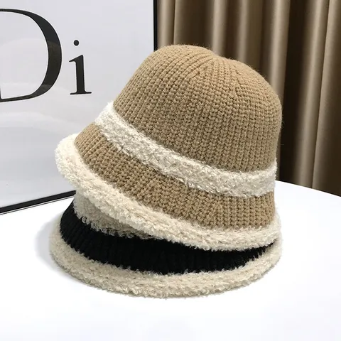 Women Knitted Bucket Hat Fleece Lined Thick Warm Sun Hat Autumn Winter Solid Color Streetwear Fisherman Hat Outdoor Accessory