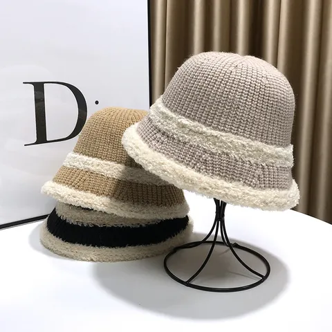 Women Knitted Bucket Hat Fleece Lined Thick Warm Sun Hat Autumn Winter Solid Color Streetwear Fisherman Hat Outdoor Accessory