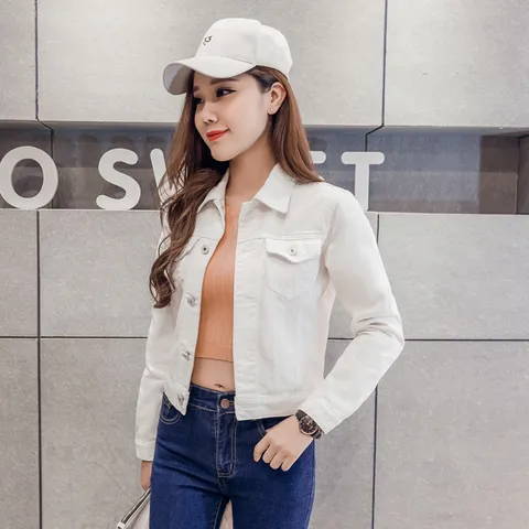 Women Long Sleeve Denim Jacket Lapel Single Breasted Cropped Coat Candy Colors Streetwear Top Pocket Decor Fashion Outerwear