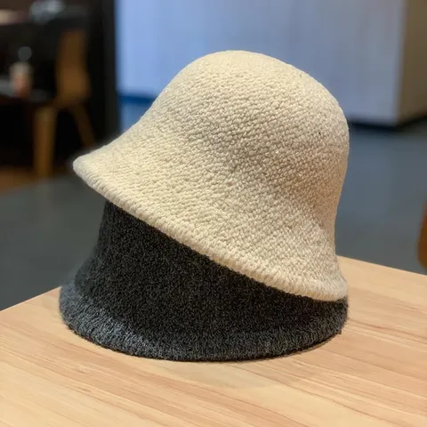 Chapeau Seau en Mélange de Laine pour Femmes Couleur Unie Tricoté Souple Style Japonais Décontracté Protection Thermique Hiver Pour Femmes