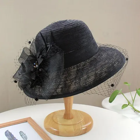 Hepburn Style Retro Organza Mesh Flower Sun Hat For Women Elegant Round Top Lace Fisherman Hat Beach Dress Hat