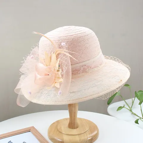 Hepburn Style Retro Organza Mesh Flower Sun Hat For Women Elegant Round Top Lace Fisherman Hat Beach Dress Hat