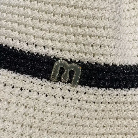 Women Large Brim Straw Bucket Hat Sun Protection Hollow Breathable Linen Woven Beach Sun Hat with Rhinestone Letter M Logo