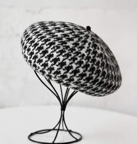 Béret Vintage Pied-de-poule pour Femme Automne Hiver en Mélange de Laine d'Alpaga Chapeau de Peintre Style Britannique Décontracté Tricoté