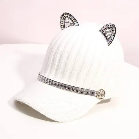 Casquette de Baseball en Velours Tricotée avec Oreilles de Chat en Strass Peinte à la Main Bonnet d'Hiver Chaud Mode pour Femmes