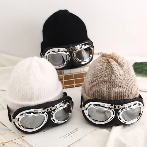 Gorro de Invierno para Mujer con Gafas de Aviador Gorro de Punto Cálido Mezcla de Pelo de Conejo Gorra de Esquí Gruesa Vintage Cortavientos