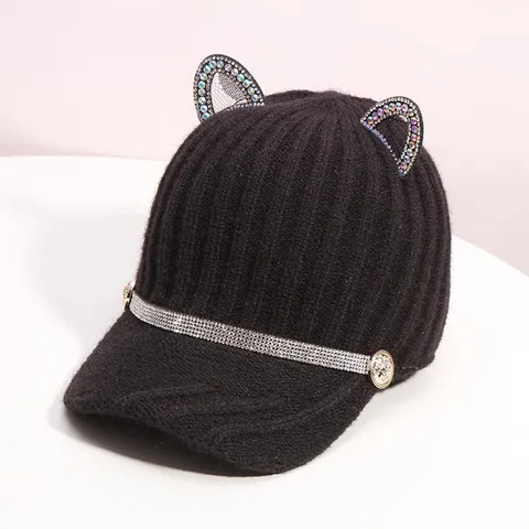 Casquette de Baseball en Velours Tricotée avec Oreilles de Chat en Strass Peinte à la Main Bonnet d'Hiver Chaud Mode pour Femmes