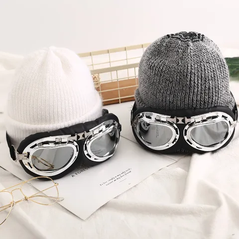 Gorro de Invierno para Mujer con Gafas de Aviador Gorro de Punto Cálido Mezcla de Pelo de Conejo Gorra de Esquí Gruesa Vintage Cortavientos