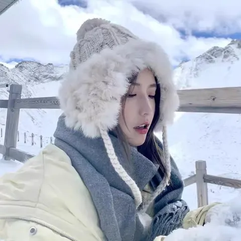 Women Winter Warm Angora Rabbit Hair Trapper Hat Cable Knit Ear Protection Beanie Caps With Pom Pom For Outdoor Activity