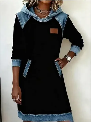 Women Patchwork Denim Hooded Dress Long Sleeve Casual Loose Sweatshirt Dress Polyester Midi A-Line Pullover Hooded Dress For Autumn