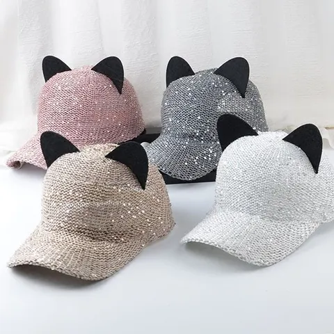 Casquette de Baseball Femme Oreille de Chat en Maille Paillettes Respirante Protection Solaire Chapeau d'été Décontracté Glitter Trucker Hat Réglable
