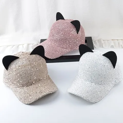 Casquette de Baseball Femme Oreille de Chat en Maille Paillettes Respirante Protection Solaire Chapeau d'été Décontracté Glitter Trucker Hat Réglable