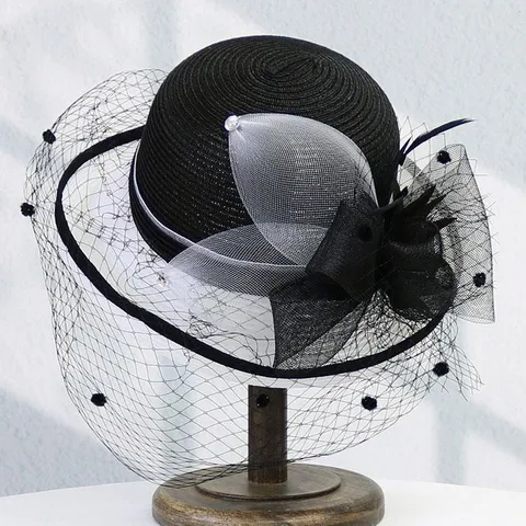Women Elegant British Cloche Hat Lace Mesh Flower Sun Hat Wide Brim Bow Bucket Hat For Summer Beach Party Travel