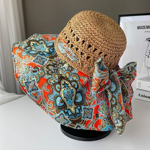 Chapeau de Paille Bohémien pour Femme Imprimé Paisley Bord Large Chapeau de Soleil Avec Nœud Pliable pour Dame D'âge Moyen