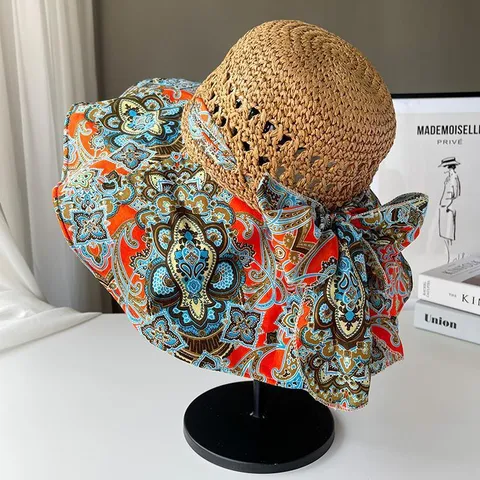 Chapeau de Paille Bohémien pour Femme Imprimé Paisley Bord Large Chapeau de Soleil Avec Nœud Pliable pour Dame D'âge Moyen