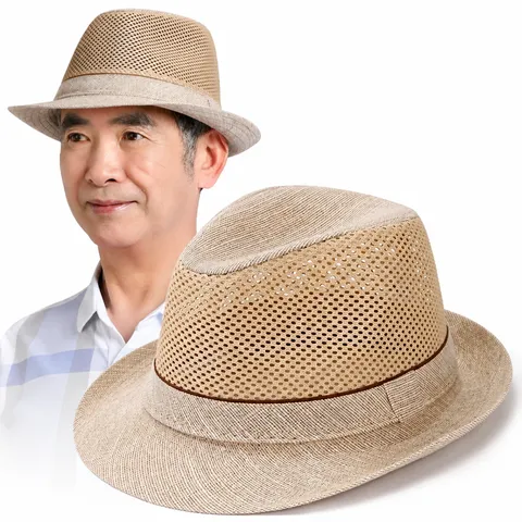 Chapeau Fedora en Satin Ajouré Respirant pour Hommes Séniors Plein Air Décontracté Protection Solaire Bord Court