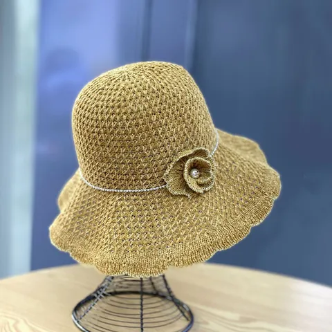 Women Sun Hat Hollow Out Woven Bucket Hat Wide Brim Sun Protection Breathable Beach Cap With Flower Rhinestone Artificial Pearl Minimalist Hat
