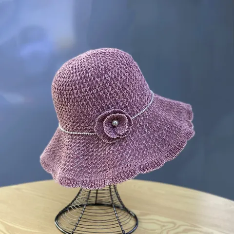 Women Sun Hat Hollow Out Woven Bucket Hat Wide Brim Sun Protection Breathable Beach Cap With Flower Rhinestone Artificial Pearl Minimalist Hat