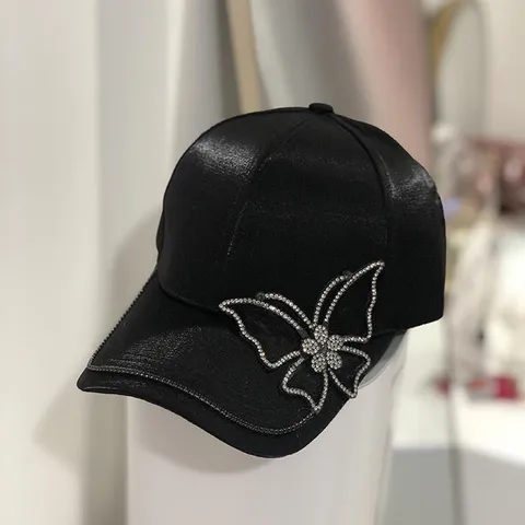 Fashion Satin Rhinestone Baseball Cap For Women Shiny Sun Protection Duckbill Hat Butterfly Metal Letter Decoration Casual Sunshade Cap