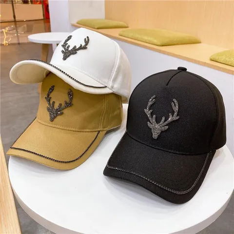 Women's Fashion Rhinestone Antler Baseball Cap Satin Korean Style Sunshade Hat Bling Bling Casual Duck Tongue Cap Adjustable
