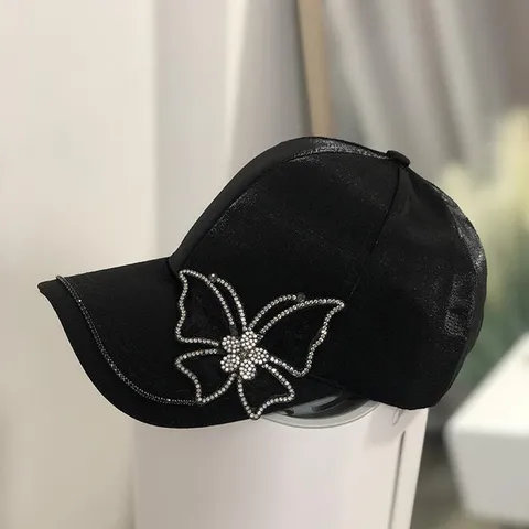 Fashion Satin Rhinestone Baseball Cap For Women Shiny Sun Protection Duckbill Hat Butterfly Metal Letter Decoration Casual Sunshade Cap