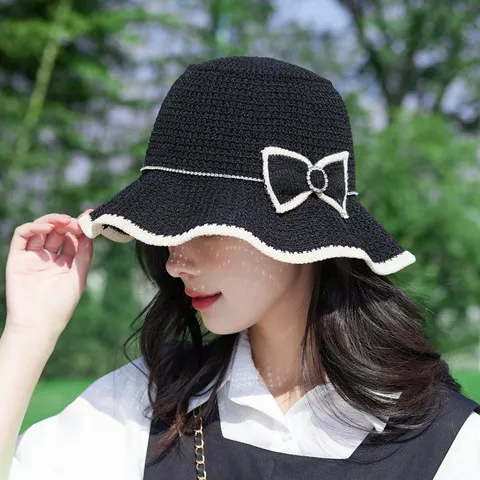 Women Fashion Hollow Out Bucket Hat With Bowknot Rhinestone Sunshade Foldable Knitted Sun Hat For Summer Beach Travel