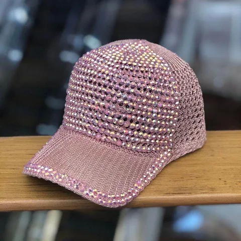 Women Fashion Rhinestone Baseball Cap Casual Hollow Out Breathable Knit Sun Hat Sparkly Crystal Adjustable Curved Brim Mesh Sunshade Hat