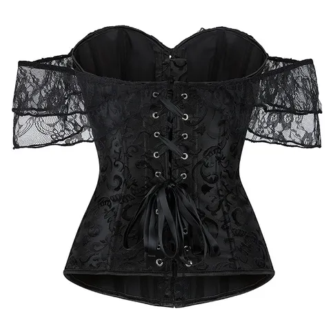Women's Vintage Palace Lace Corset Top Off Shoulder Puff Sleeve Boned Shapewear Bustier With Front Hook And Eye Closure