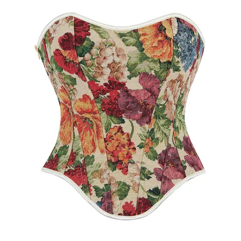 Women French Retro Court Style Jacquard Floral Corset Top Vintage Poppy Print Heart Neck Strapless Shapewear With Back Lacing