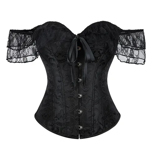 Women's Vintage Palace Lace Corset Top Off Shoulder Puff Sleeve Boned Shapewear Bustier With Front Hook And Eye Closure