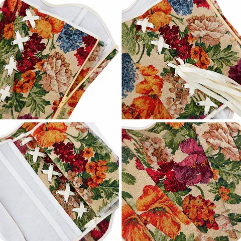 Women French Retro Court Style Jacquard Floral Corset Top Vintage Poppy Print Heart Neck Strapless Shapewear With Back Lacing