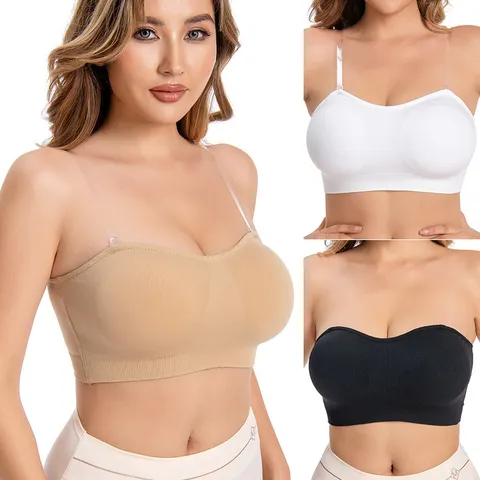 Women Plus Size Strapless Bra Padded Bandeau Anti Slip Silicone Seamless Wire Free Bralette Invisible Push Up Underwear