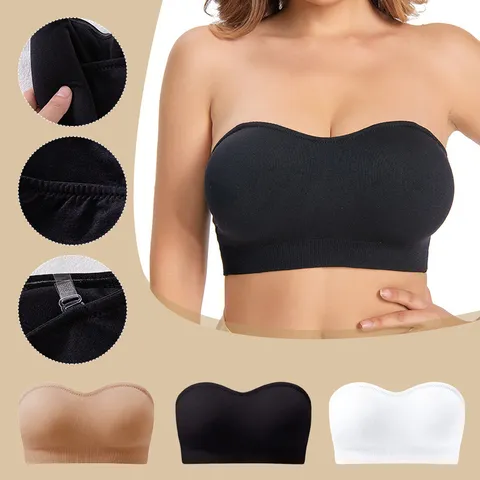 Women Plus Size Strapless Bra Padded Bandeau Anti Slip Silicone Seamless Wire Free Bralette Invisible Push Up Underwear