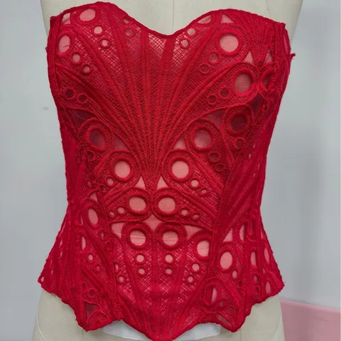 Women Vintage Court Style Lace Print Corset Bustier Hollow Out Irregular Hem Double Layer Bonded Boning Shapewear Top