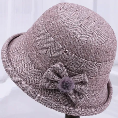 Retro Nylon Cashmere Woolen Cloche Hat For Women Elderly Winter Warm Thickened Herringbone Bucket Hat With Bow Pompom Decoration
