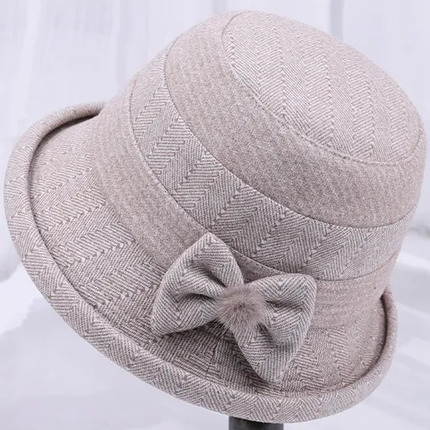 Retro Nylon Cashmere Woolen Cloche Hat For Women Elderly Winter Warm Thickened Herringbone Bucket Hat With Bow Pompom Decoration