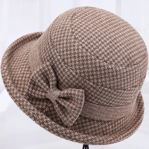 Chapeau Cloche en Laine Chaud pour Femmes Élégant Chapeau de Pêcheur Pied-de-poule avec Nœud pour Personnes Âgées Extérieur Voyage