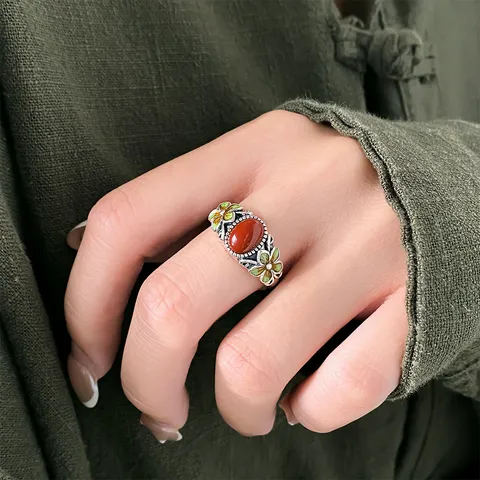 S925 Sterling Silver Southern Red Agate Ring Vintage Chinese Style Thai Silver Green Flower Adjustable Open Ring For Women Jewelry