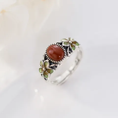 S925 Sterling Silver Southern Red Agate Ring Vintage Chinese Style Thai Silver Green Flower Adjustable Open Ring For Women Jewelry