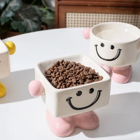Ceramic Cute Cat Bowl Elevated Pet Food And Water Bowl Smiling Face Design Anti Overturning Feeding Bowl