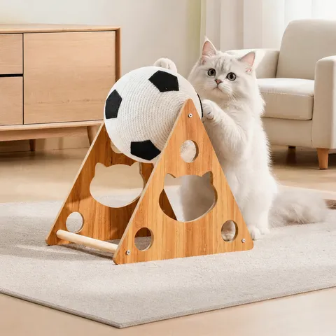 Giocattolo con Palla Tirasassi per Gatti in Legno Corda in Sisal Naturale Tiragraffi Verticale Triangolo a Forma di L Giocattolo Interattivo per Animali