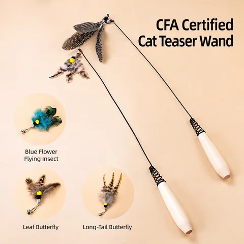 Bastone Teaser per Gatti di Grado Concorso CFA Palo Lungo Manico in Legno Giocattolo Interattivo per Gatti con Teste di Ricambio in Piuma Forniture per Animali