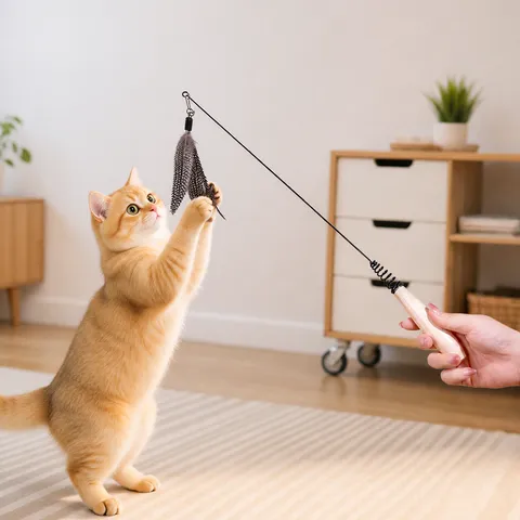 Bastone Teaser per Gatti di Grado Concorso CFA Palo Lungo Manico in Legno Giocattolo Interattivo per Gatti con Teste di Ricambio in Piuma Forniture per Animali