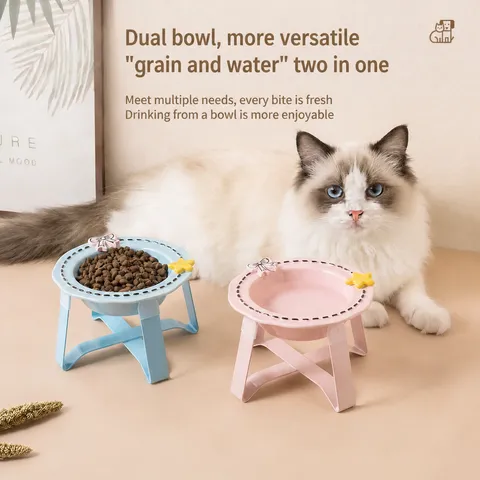 Ceramic Cat Bowl Elevated Iron Stand Dashed Line Pet Feeding Bowl Neck Protection Food Water Bowl For Cats