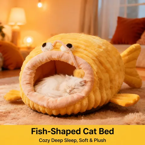 Letto per Gatti a Forma di Pesce Pescatore Semi-Chiuso Caldo Morbido Peluche Inverno Grotta per Dormire per Gatti Cani Piccoli Medi