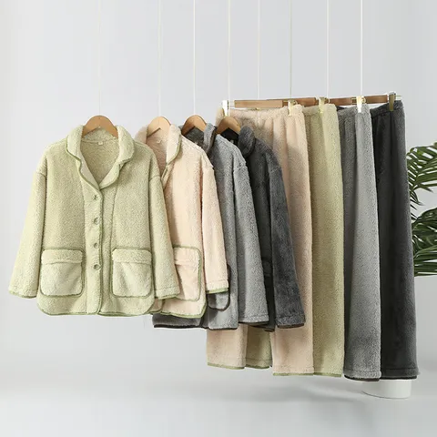 Winter Warm Verdickt Korallenfleece Paar Pyjama Set Langarm Cardigan Nachtwäsche Einfarbig Lässig Homewear Set