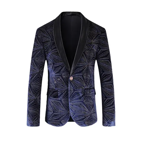 Chaqueta de Traje Ajustada para Hombre Azul Oscuro Oro Geométrico Fuegos Artificiales Estampado Solapa Chal Fiestas Esmoquin
